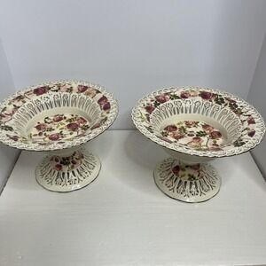 2 Vintage RK Formalities Porcelain Centerpiece Floral Rose Lattice Pedestal